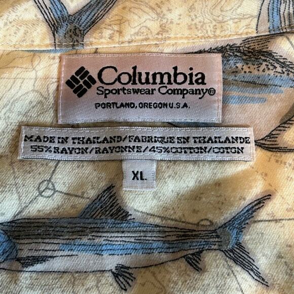 Vintage Columbia Men's Short Sleeve Shirt Fish compass Map Print Size XL cream - Picture 7 of 9